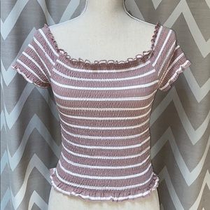 🛍 Smocked Ruched Pink & White Striped Off the Shoulder Top Shirt Lettuce Trim